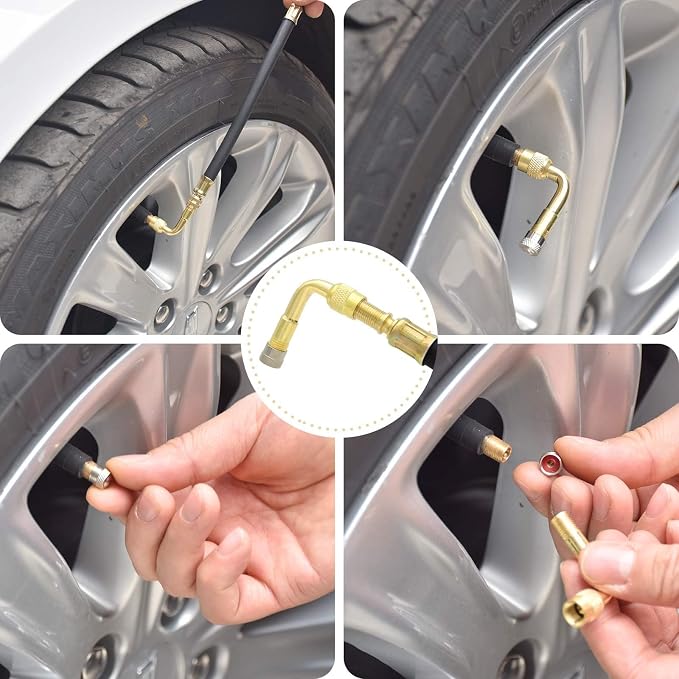 Tire Valve Extension Set, 2 Pieces 8.25 Inch Flexible Valve Stem Extension Adaptor with 2 Pieces 90 Degree Brass Tire Valve Extension Adaptor Compatible for Cars Truck Motorcycle Bike Scooter