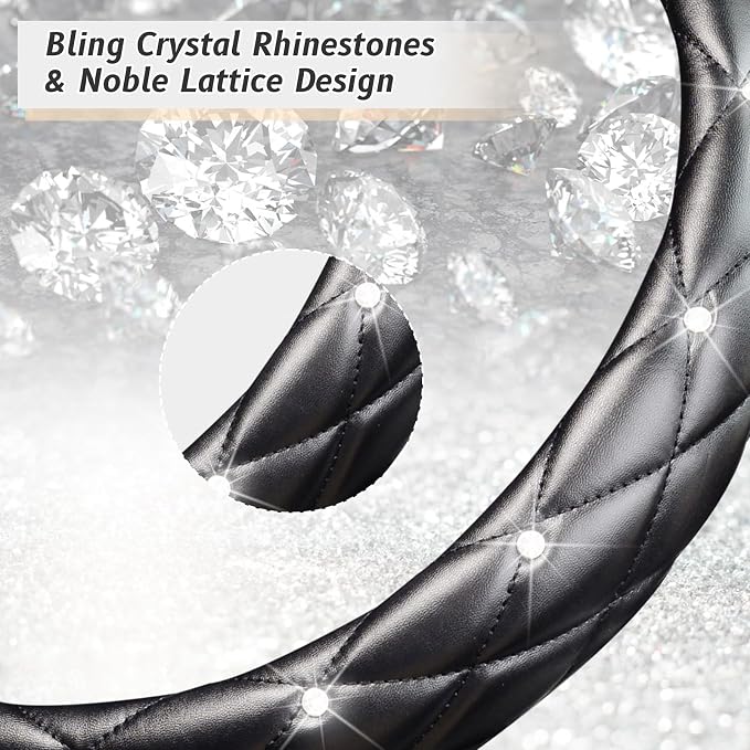 Diamond Soft Leather Steering Wheel Cover with Bling Bling Crystal Rhinestones, Universal 15 inch Anti-Slip, Car Interior Accessories for Women Girls, Black