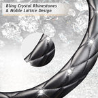 Diamond Soft Leather Steering Wheel Cover with Bling Bling Crystal Rhinestones, Universal 15 inch Anti-Slip, Car Interior Accessories for Women Girls, Black