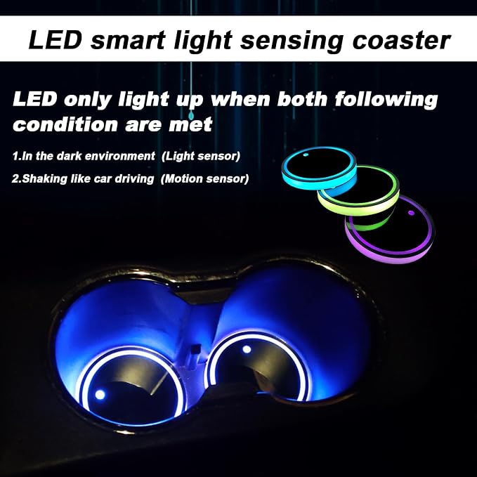 4pcs LED Car Cup Holders, Waterproof Cup Holder with 7 Colors Changing USB Charging Mat, LED Interior Atmosphere Lamp Decorations with 2pcs USB Cables for Car Truck Vehicle Accessories