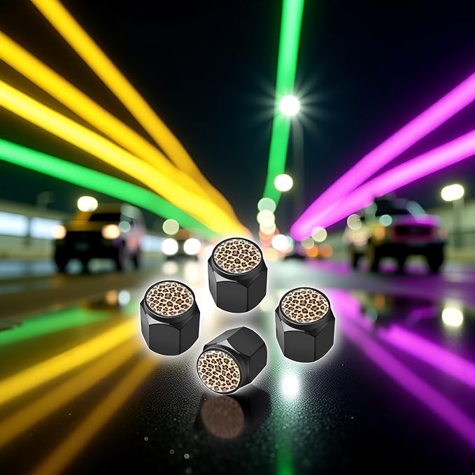 Tire Valve Stem Caps Cover,4 Pcs Metal Black Air Valve Cap, Aluminum Car Wheel Stem Caps,Universal Stem Covers for Cars,Trucks,Bikes,Bicycles, Motorcycles,Corrosion Resistant (Leopard)