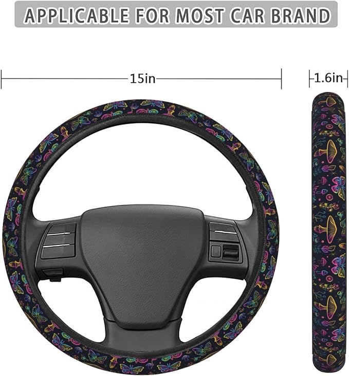 Neon Night Moths Butterflies Mushroom Steering Wheel Covers Anti-Slip Elasticity Car Accessories Steering Wheel Protector Universal 15 Inch for Cars SUV Vehicle Truck