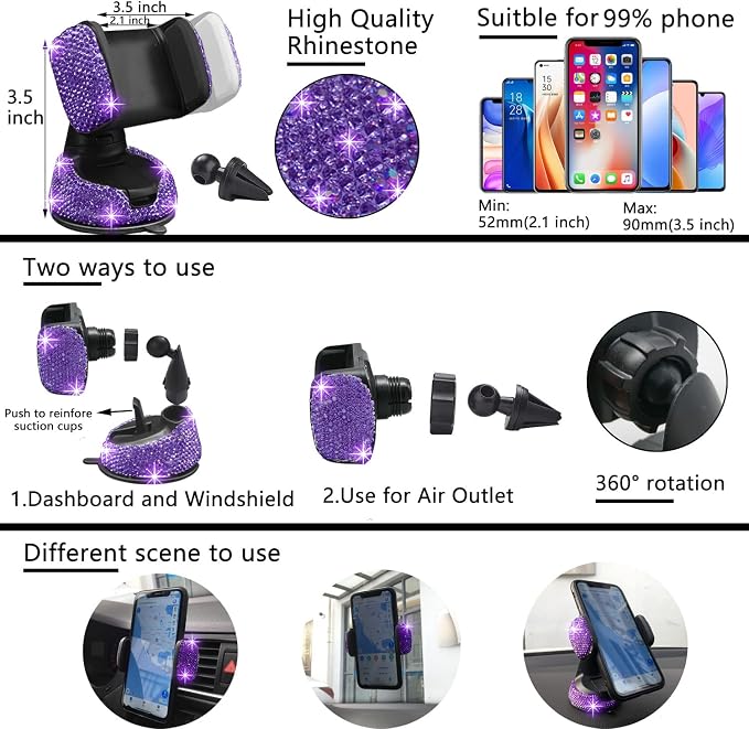 27 PCs Purple Violet Bling Car Accessories Set for Women, Steering Wheel Covers Universal Fit 15 Inch, Bling License Plate Frame, Bling Phone Holder, Bling Car Coasters