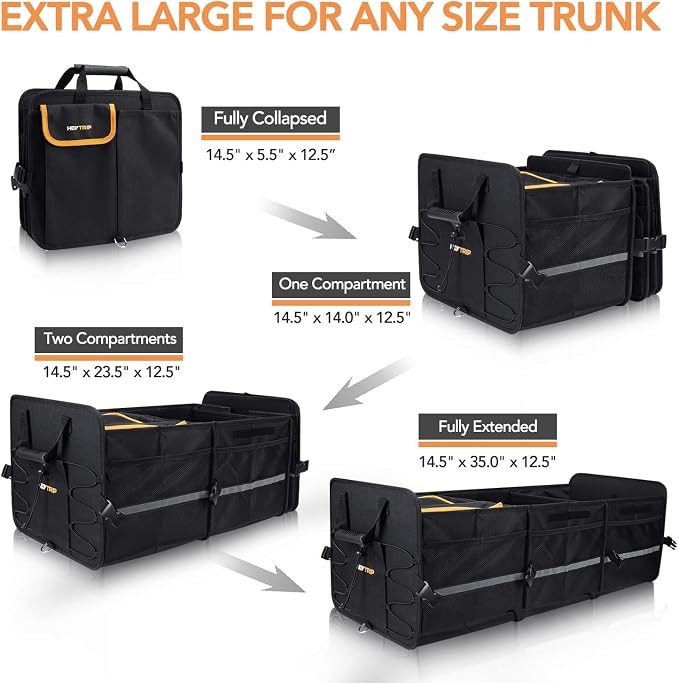 Large Trunk Organizer With Built-in Leakproof Cooler Bag, 2 Tie-Down Straps, 4 Removable Dividers, Foldable Cover, Built with 2mm PE Board