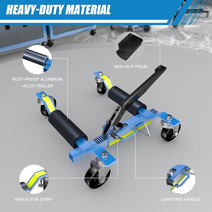 Car Wheel Dolly Jack 2 Set,1500LBS Capacity Mechanical Car Dolly Lifter with Foot Pedal and Steel Rollers,Ratchet Type Skate Wheel Jack with Reflective Tape,for Vehicle Lift Positioning,Blue