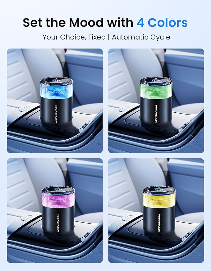 Smart Car Air Freshener Diffuser with Ambient Light, Oil Level Indicator, 2 Scent Refills, Auto On/Off, 4 Mist Modes, 1600 Sprays Rechargeable Aroma Diffuser for Car, Home, Office, Bedroom