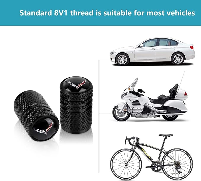 4pcs Tire Valve Stem Caps, Compatible with Corvette C1 C2 C3 C4 C5 C6 C7 C8 Racing 1LT 2LT 3LT Series Stem Cap Universal Car Air Cover Car Accessories for Cars, SUV, Truck, Motorcycles Black