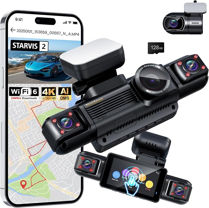 Neideso N300Pro 4K Dash Cam Front and Rear, 4 Channel 360 View Car Camera | Free 128GB Card, STARVIS 2 Sensor, Touch Screen, 5.8G WiFi 20MB/s Download, GPS, AI Fatigue Driving Monitor, 24H Parking Mode
