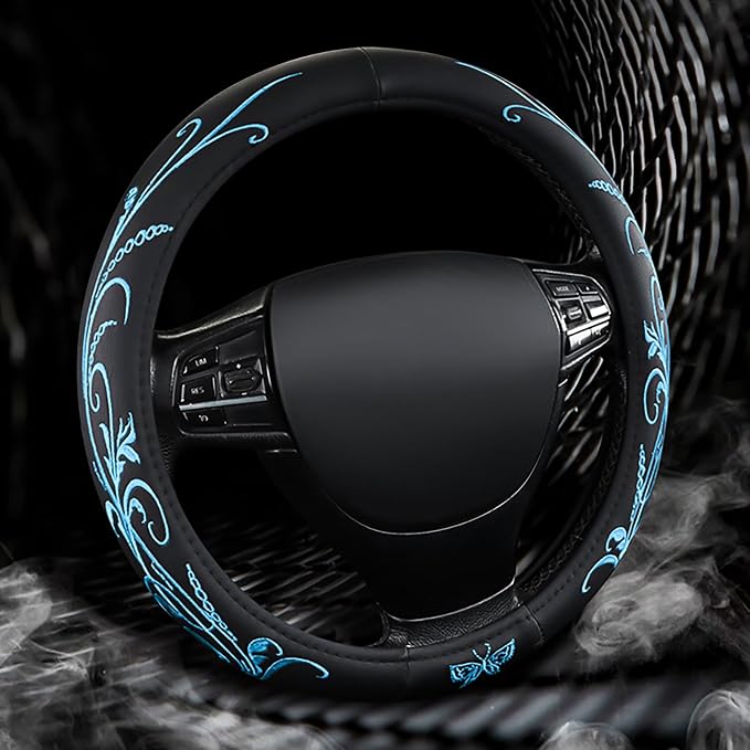 Car Leather Steering Wheel Cover - Panapi Material, Universal 14.5-15 Inch Leather Anti-Slip Breathable Auto Steering Wheel Covers for Men Women (Embroidery-Blue)