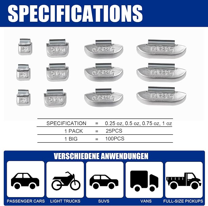 100Pcs P Type Uncoated Lead Clip on Wheel Weights Assortment, 0.25oz, 0.5oz, 0.75oz, 1.0oz, 25Pcs for Each Style,Used for Passenger Cars, Light Trucks, SUVs, Vans, and Full-Size Pickups