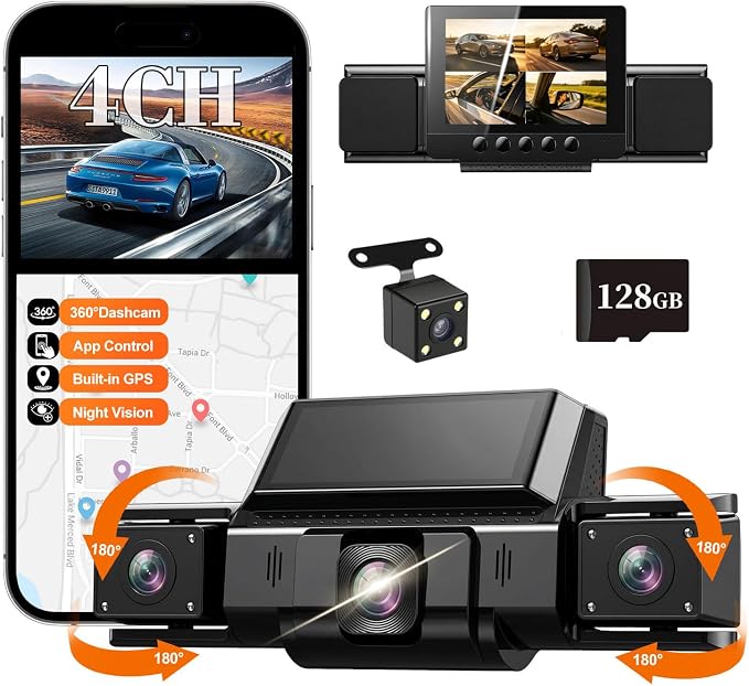 Dash Cam 360° View 4 Channel Car Camera, Front Rear Left Right 4 Way Recording, GPS WiFi APP Control, G-Sensor 24H Parking Mode, IR Night Vision WDR Wide Angle, Free 128G TF Card Included