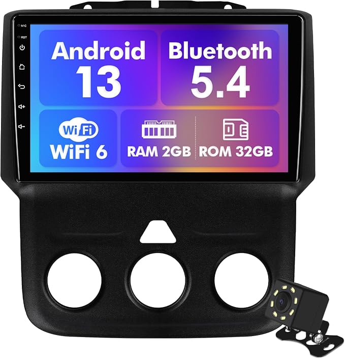 Android 13 Car Radio for 2+32G Dodge RAM 1500/2500/3500 2013-2018 9'' 1280*720 Touchscreen Car Stereo with Carplay Android Auto Backup Camera Mirror Link GPS Navigation WiFi 6 Bluetooth 5.4(Manual AC)