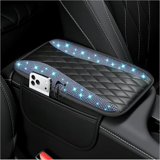 Bling Rhinestones Center Console Covers for Cars,Upgraded Arm Rest Cover for Car with Side Storage Pocket for Car Seat Organizer,Middle Console Cover Stylish Car Decoration (Bling Blue)