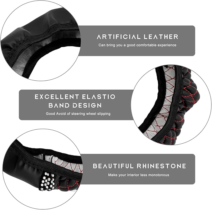 Bling Car Steering Wheel Cover, 15 Inch Sparkly Rhinestone Soft Leather Steering Wheel Protector, Non-Slip Universal Auto Elastic Steering Wheel Covers for Women Girls (Black & Red)