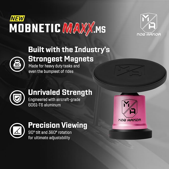 MobNetic Maxx MS - MagSafe Compatible Car Phone Mount w/ 90º Tilt, 360º Rotation & Durable Aluminum Build, Magnetic Holder for iPhone & Android Devices, USA Assembled - Pink