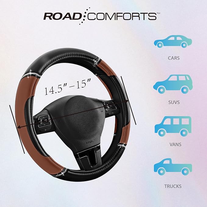 Leather Steering Wheel Cover - Made with PVC Leather Bling Design - Anti-Slip Wheel Cover Universal Fit Most 14 1/2 inches to 15 inches - Brown Color