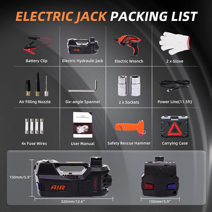 Electric Car Jack Kit 5 Ton 12V Hydraulic Jack Automatic Lift for Car with Impact Wrench and Tire Inflator Pump for SUV Sedan Truck Change Tires Garage Repair Road Emergency