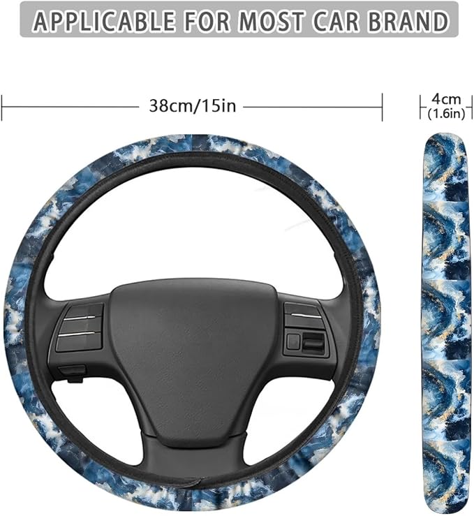 Marble Texture Blue Pattern Car Steering Wheel Cover Car Wheel Cover Protector Steering Wheels Accessories Easy to Install Car Decoration Universal Fit Car Truck SUV Van