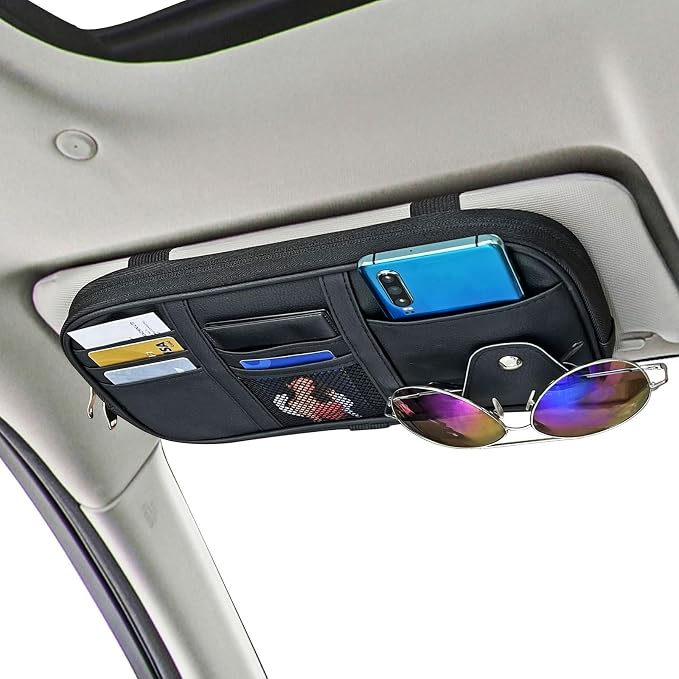 Car Visor Organier Truck SUV Sun Visor Storage Pocket PU Leather Pouch Holder with Multi-Pocket Double Zipper Net Pocket, for Cards Pens Sunglasses Document (Black)