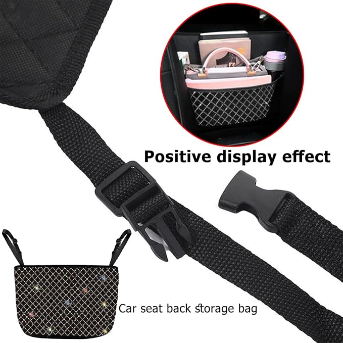 Bling Car Net Pocket Handbag Holder, Rhinestone Vehicle Backseat Purse Organizer Between Seats, Diamond Hanging Storage Bag Barrier of Pet Kids, Universal Automotive Accessories (Multicolor)