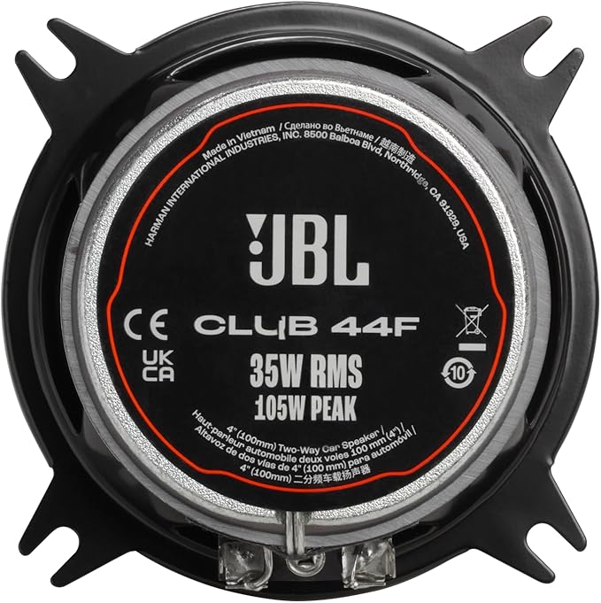 Club 44F - 4" (100mm) Two-Way Car Speaker, 35W RMS, 105W Peak, Sensitivity (@ 2.83V): 90dB, Frequency Response: 75Hz – 20kHz, Nominal Impedance: 3.0 ohms
