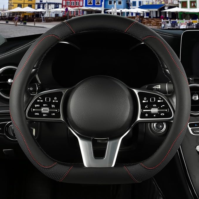 Black Microfiber Leather D Shaped Steering Wheel Cover | Breathable Anti Slip Grip Cool Sporty Look Glow for Women Men