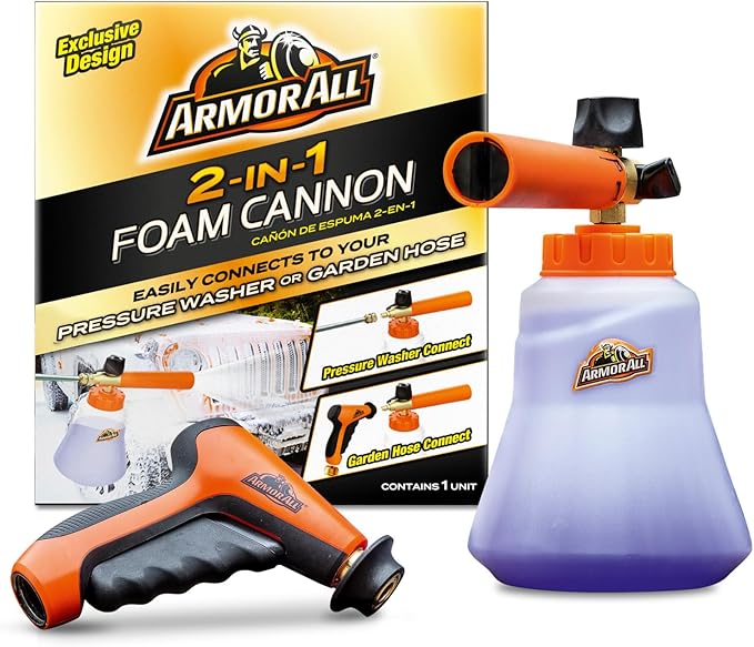 2-in-1 Foam Cannon Kit for Garden Hoses and Power Washers | 3-piece car washing kit with 40-ounce reservoir, marked fill lines, and compatibility with 500 to 3,500 PSI units