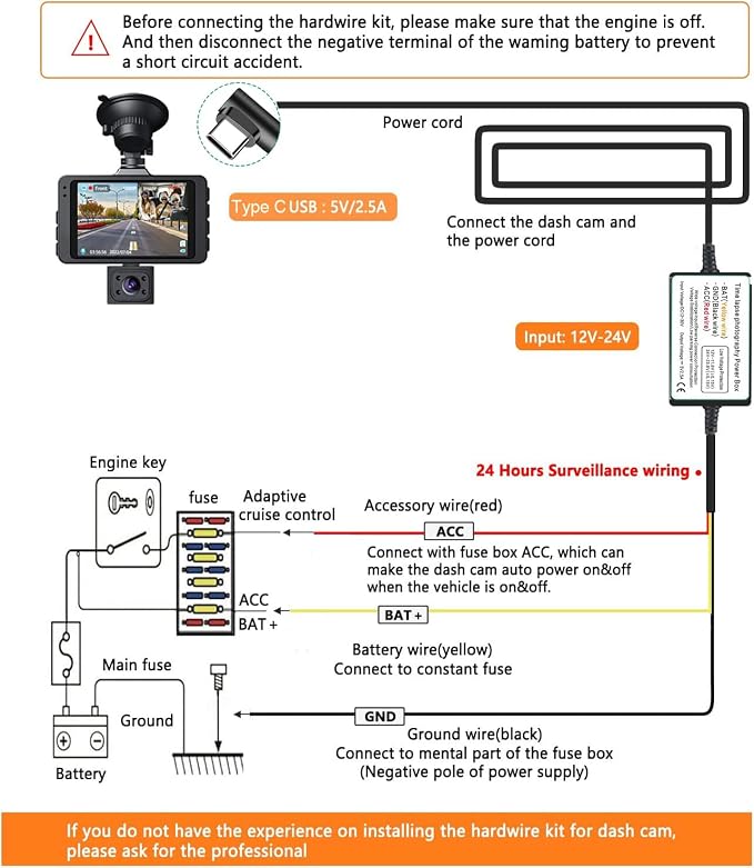 Type C USB Port Dash Cam Hardwire Kit for 24H Parking Monitor/Time-Lapse Recording Converts 12V-24V to 5V/2.5A Car Dash Camera Charger 320cm Cable Kit, Low Voltage Protection