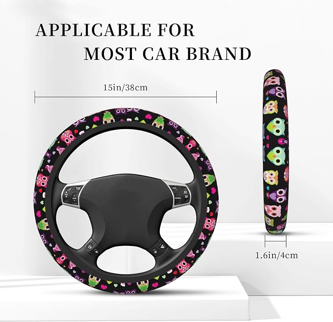Cartoon Colorful Owl Steering Wheel Cover Auto Steering Wheel Protector Anti-Slip Breathable and Sweat Absorption Universal Car Accessories15 inch Fit Auto SUV Sedan Vans Trucks