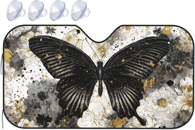 Windshield Sun Shade Black Butterfly Art Boho Car Front Window Sunshade Cover for Truck SUV Blocks UV Rays Automotive Visor Interior Protector 55 x 30 inch