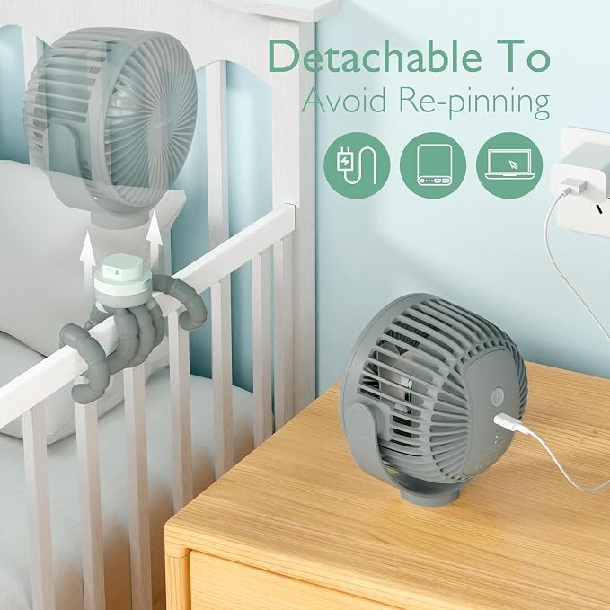 8000mAh Portable Stroller Fan, 27H Ultra-long Battery Life Detachable 4 Speed 360°Rotate LED Night Light with 2 Modes, USB Rechargeable Handheld Cooling Fan for Travel/Car Seat/Bedroom