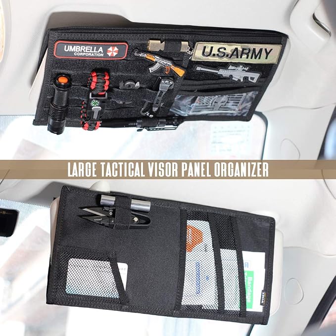 Car Visor Organizer with Double-Sided MOLLE Panel, Universal Vehicle Sun Visor Storage for Essentials & Gear, Compatible with Cars, Pickup Trucks, Vans, SUVs