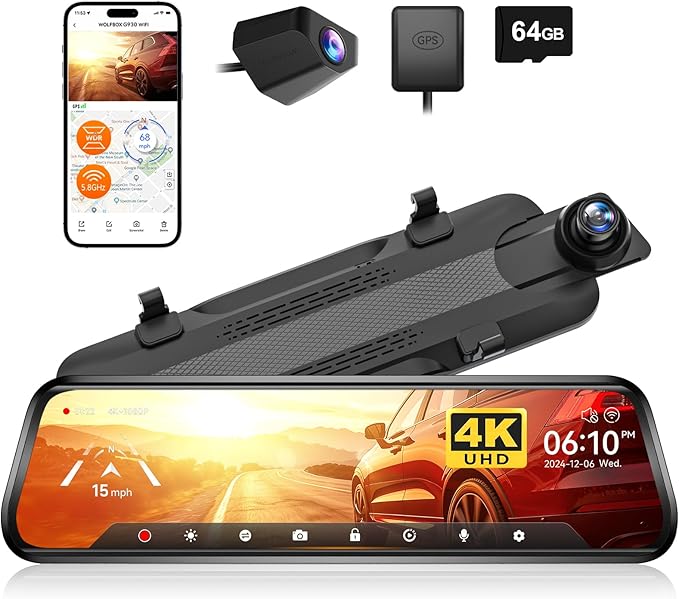 G930 10'' Rear View Mirror Camera with 5.8GHz WiFi, 4K Dash Cam Front and Rear with WDR, Touch Screen Rearview Mirror Backup Camera, Parking Monitor, Reverse Assist, Includes 64GB Card & GPS