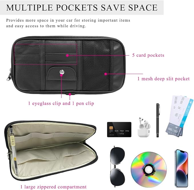 Car Sun Visor Organizer, Double Zipper Leather Visor Storage Pouch with Multi-Pocket, Sunglass Holder Storage Pocket with Elastic Band for Cars SUVs Trucks, Car Accessories (Black)