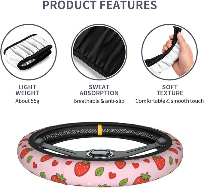 Strawberry Steering Wheel Cover Universal 14.5-15 Inch Non-Slip Strawberry Car Accessories