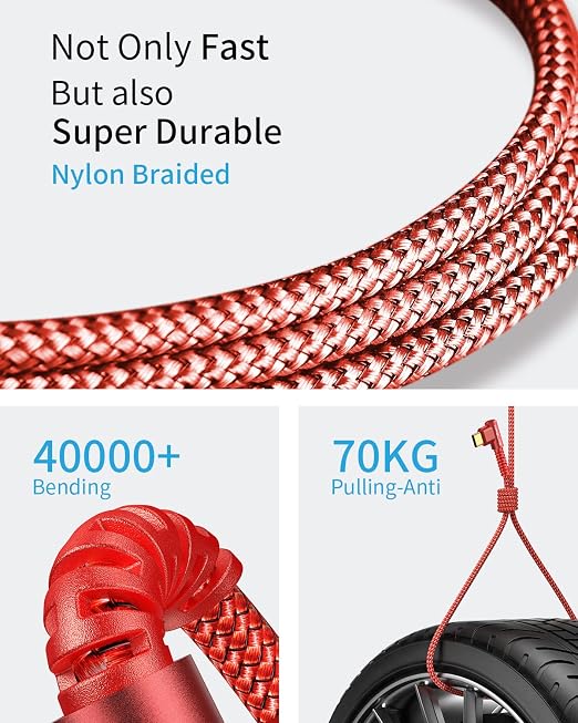 3.2A USB C Charger Cable,[2-Pack,6.6+6.6FT] USB A to USB C Right Angle Gold-Plated Type C Charger Fast Charging Durable Braided Cord for iPhone 17 16 15 Samsung S10 S9 Note 10 S21 LG-Red
