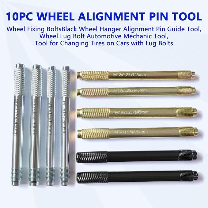 ZKTOOL 10PC Wheel Alignment Pin,Wheel Fixing Bolts Black Wheel Hanger Alignment Pin Guide Tool,Tool for Changing Tires On Cars with Lug Bolts,Include 2PC M12x1.5/1.25, 2PC M14x1.25/1.5, 2PC M15*1.25