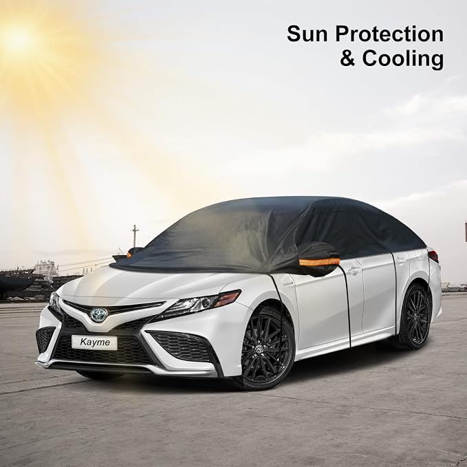 Half Car Cover, Windshield Cover for Ice and Snow Top with Reflective Straps, Roof Cover Waterproof All Weather Dust, Sun Protection. Front Rear Window Cover Fit Sedan. 3XL (128"-139")