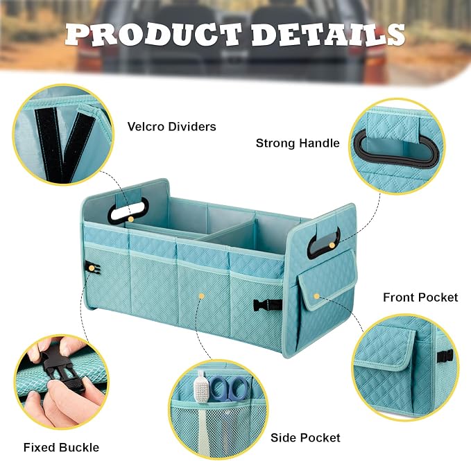 Car Trunk Organizers and Storage for SUV, Collapsible Multi Compartment Container Box Adjustable Car Accessories for Women Men, Lake Blue