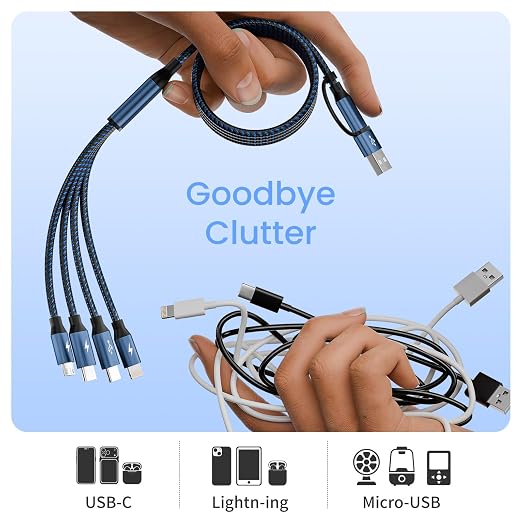 4 in 2 Multi Charging Cable,Dual Type-C Multiple Charger Cable,USB A/C Charging Cables for Multiple Devices with IP/Micro/USBC Port, Universal USB C Cable Phone Charger Cord for iPhone 16-12,Navy