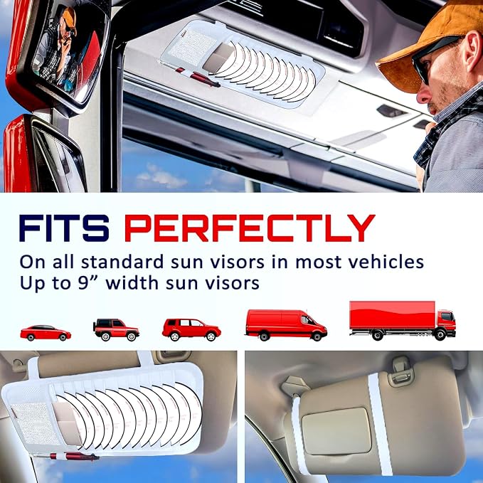 CD Case Holder for Car - Sun Visor Organizer for 12 CD’s/Dvd’s, 1 Mesh Pocket & 1 Horizontal Pen Holder - Safe, Ergonomic Design (WHite)