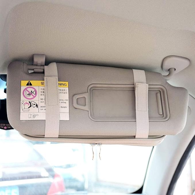 Car Visor Organier Truck SUV Sun Visor Storage Pocket PU Leather Pouch Holder with Multi-Pocket Double Zipper Net Pocket, for Cards Pens Sunglasses Document (Cream Grey)
