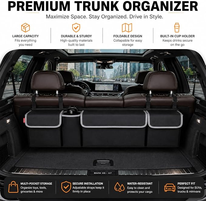 Car Trunk Organizer, Hanging Seat Back Storage Organizer with Large Pockets, Space-saving Backseat Car Organizer