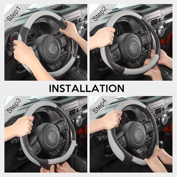 Car Steering Wheel Cover Large Size for F150 F250 F350 Ram 4Runner Tacoma Tundra Range Rover with 15 1/2 inches-16 inches Outer Diameter, Black and Gray Microfiber Leather