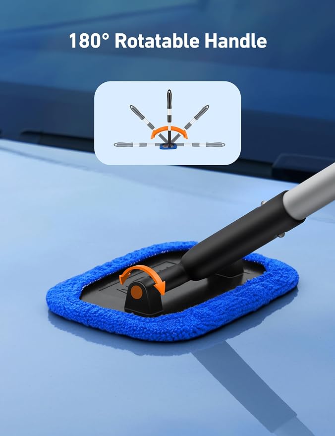 Windshield Cleaner, Microfiber Window Cleaner with 4 Reusable Washable Large Sponge Pads, Extendable 180° Rotating Handle, Fits Cars & SUVs, Includes Spray Bottle, Blue