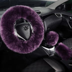 Fuzzy Genuine Sheepskin Steering Wheel Cover Set for Women Parents-Fluffy Soft Australian Merino Wool Wrap with Gear Shift and Hand Brake Covers, Cozy Stylish Luxury Car Accessories (Lavender Purple)