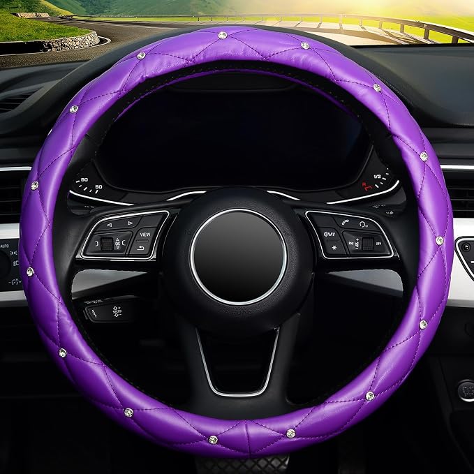 Diamond Soft Leather Steering Wheel Cover with Bling Bling Crystal Rhinestones, Universal 15 inch, Purple