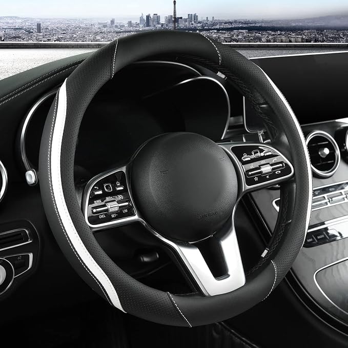 Car Steering Wheel Cover, Leather Steering Wheel Cover White Universal 14.5-15 Inch Microfiber Leather Anti-Slip Breathable Auto Steering Wheel Covers for Men Women(Black & White)