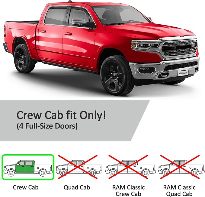 Voron Glass in-Channel Extra Durable Rain Guards for Trucks Dodge RAM 1500 2019-2026 Crew Cab, Window Deflectors, Vent Window Visors, 4 Pieces - 220159