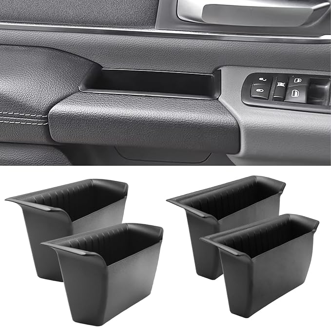 for Ram 1500 Door Side Organizer Tray 2019 2020 2021 2022 2023 2024 2025 2026, for Ram 1500 Door Pocket Insert 4 Pcs with White-Lines Mats (Does not fit 2500 3500)